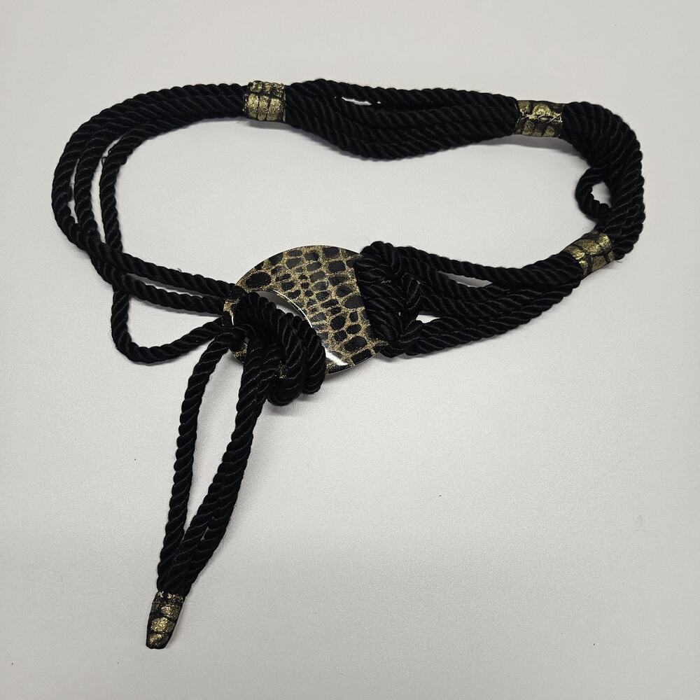 Vtg 1980's Women's Black Woven Rope Belt Acrylic Buckle Statement Belt One Size